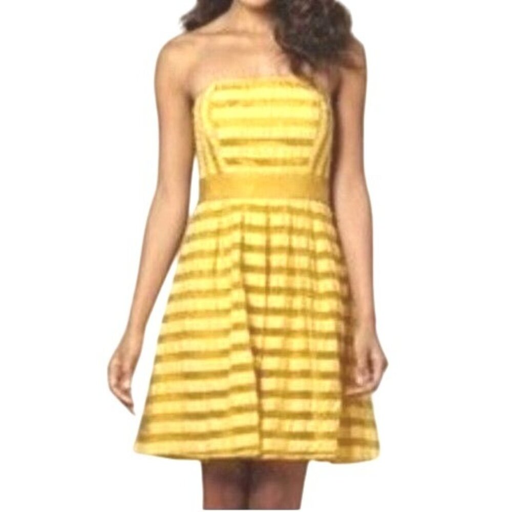 Yellow Strapless Pleated Sundress Dress Chiffon Textured Stripes Fit & Flare